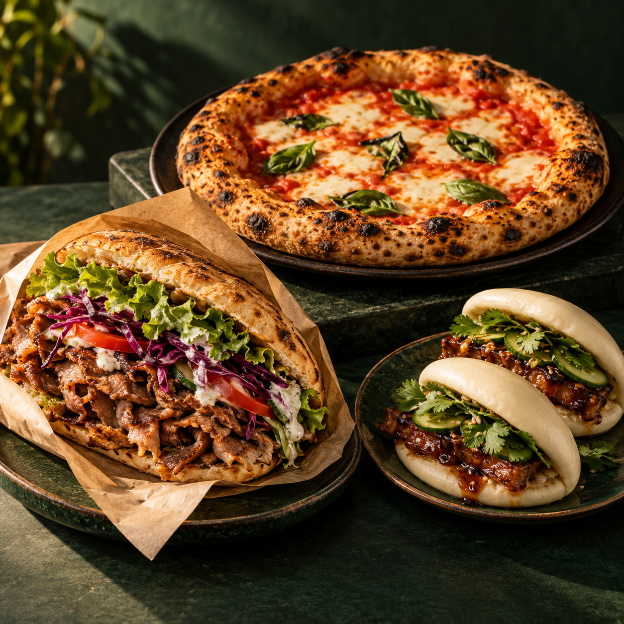 Společná hostina: pizza s bazalkou, kebab s čerstvou zeleninou a nadýchané bao buns
